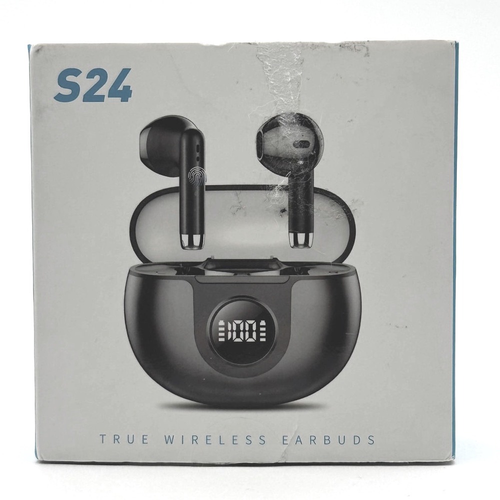 S24 True Wireless Earbuds Black Bluetooth Headphones w/ Charging Case New in Box